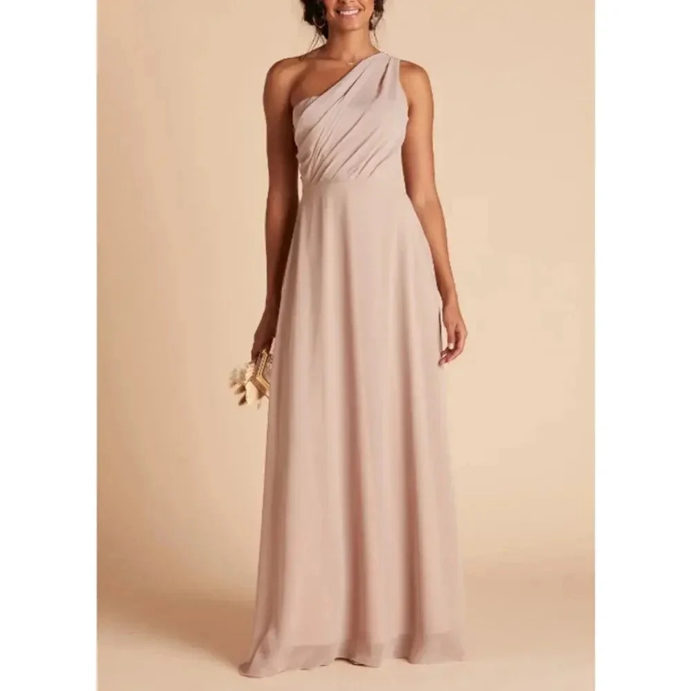 NWT Birdy Grey Kira Maxi Dress Asymmetrical One-Shoulder A-Line Chiffon Taupe S